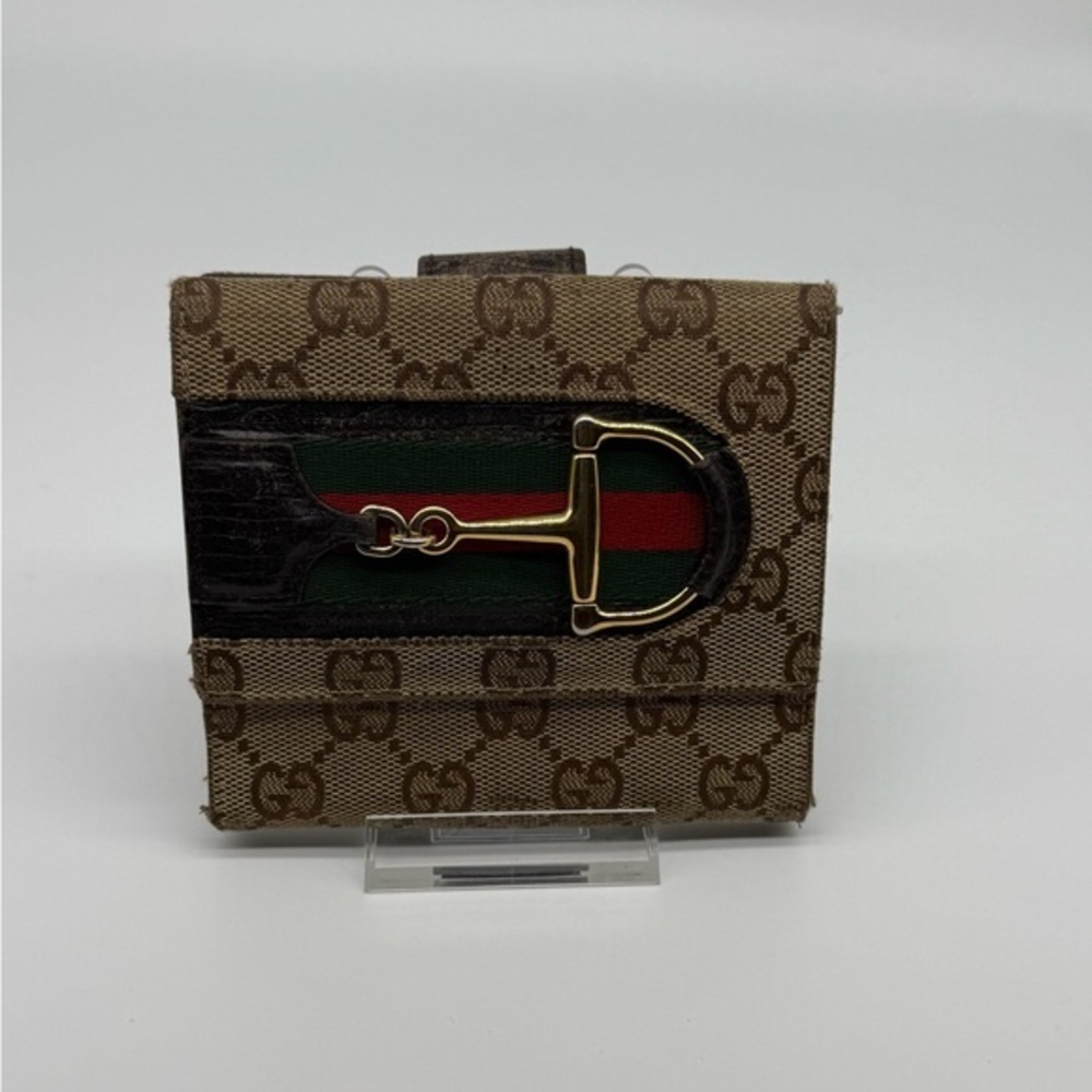 Gucci Horsebit Compact Wallet GG Supreme Canvas Brown Web Stripe